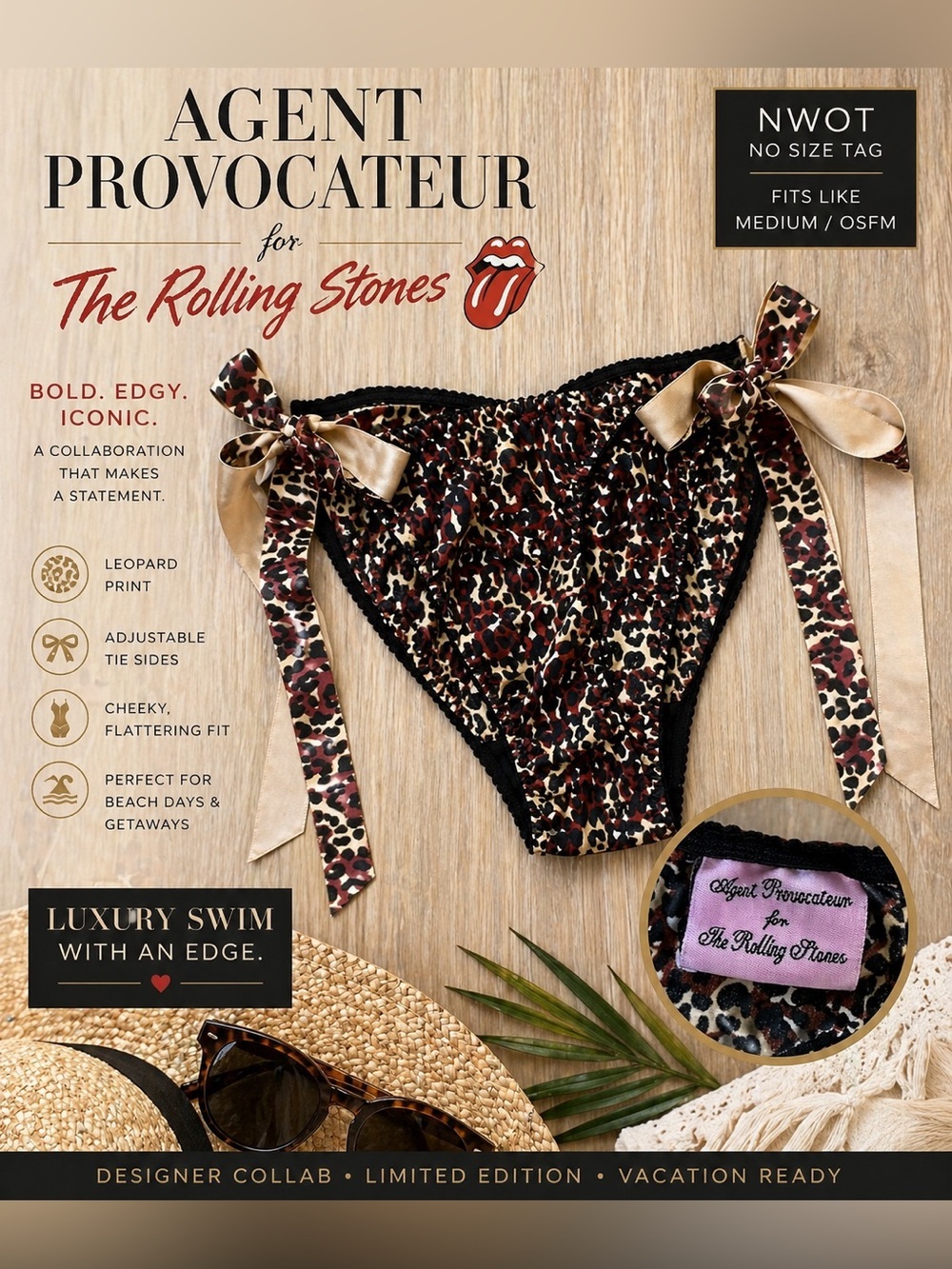 Agent Provocateur for The Rolling Stones Leopard Tie Side Bikini Bottom NWOT